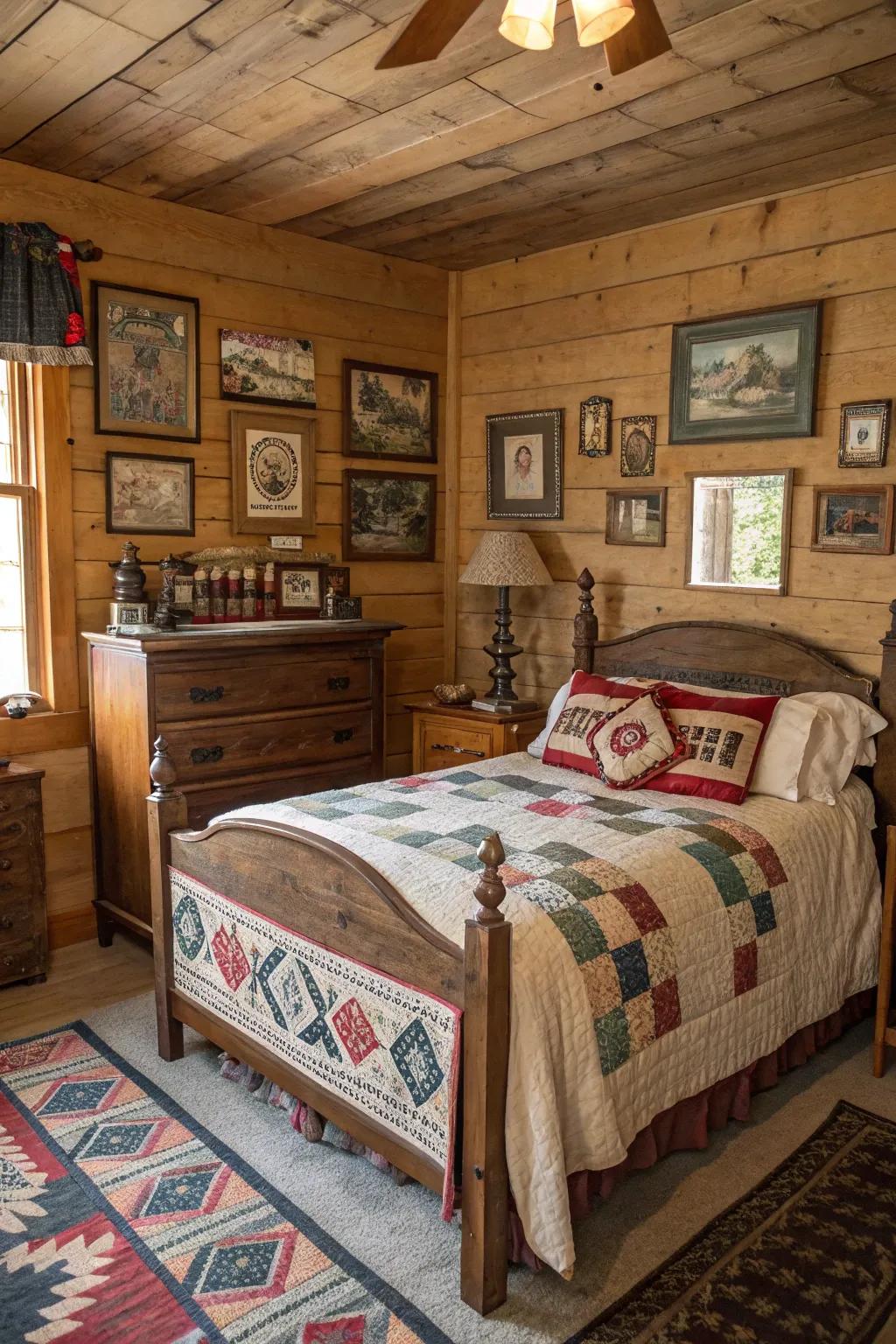 A cabin bedroom is decorated with vintage accessories.