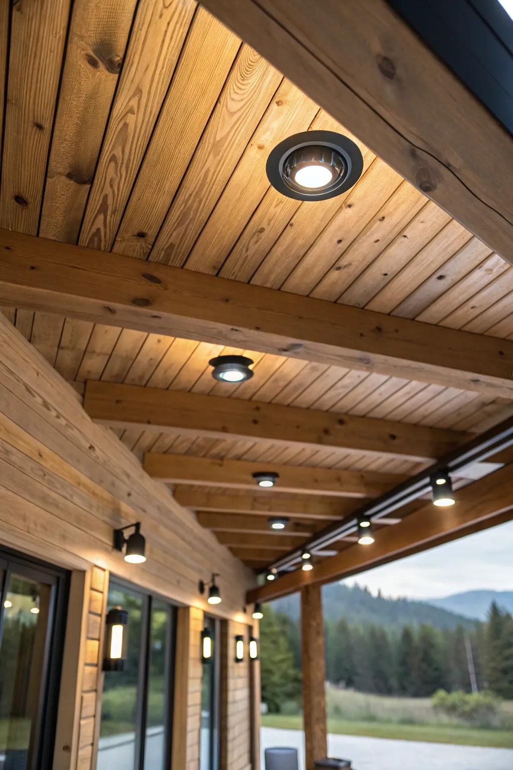 Recessed lighting crafting a polished look in a cabin ceiling.