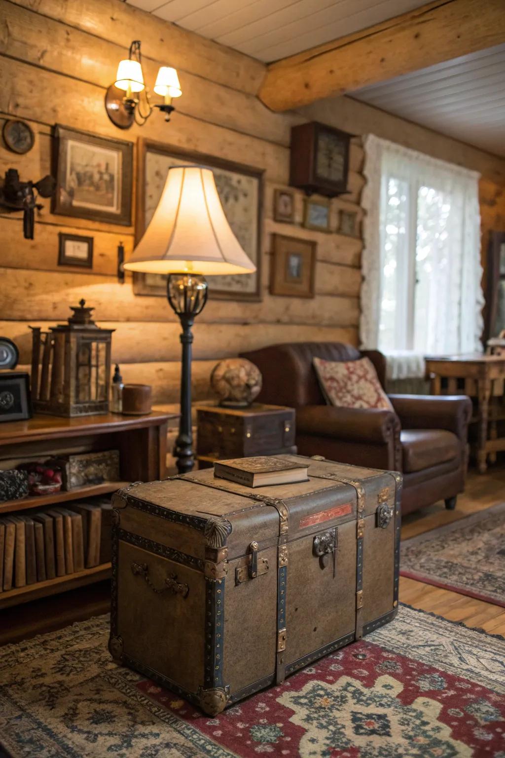 Vintage decor items add character and a nostalgic vibe to this cabin area.