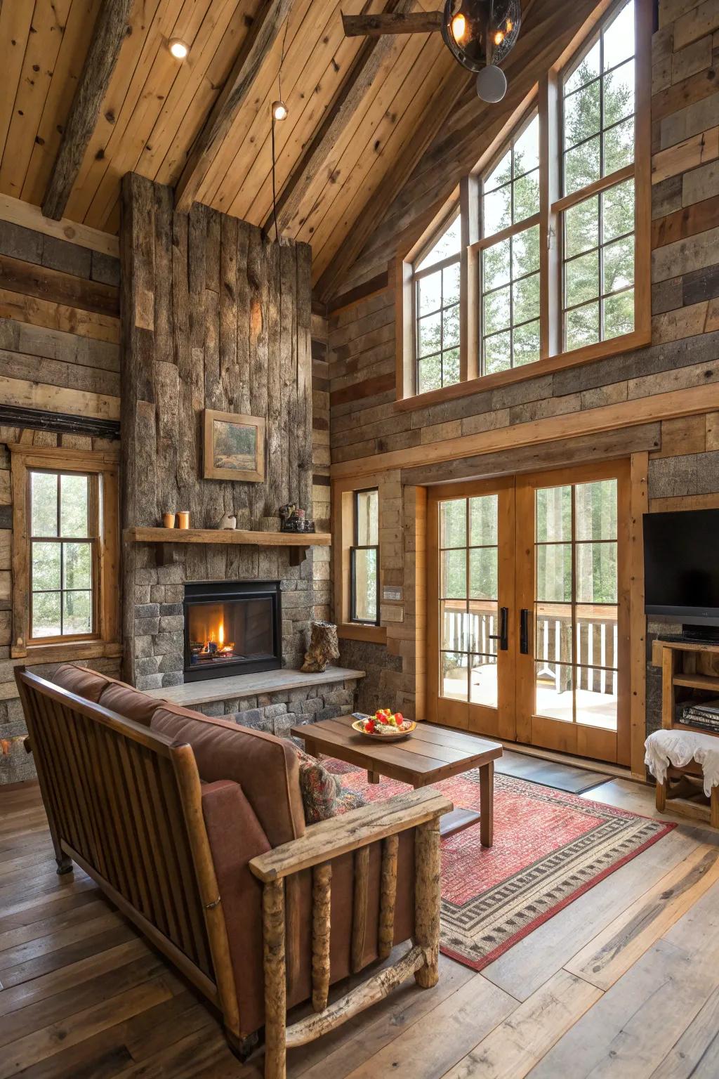 Reclaimed lumber adding a rural feel to the cabin walls.