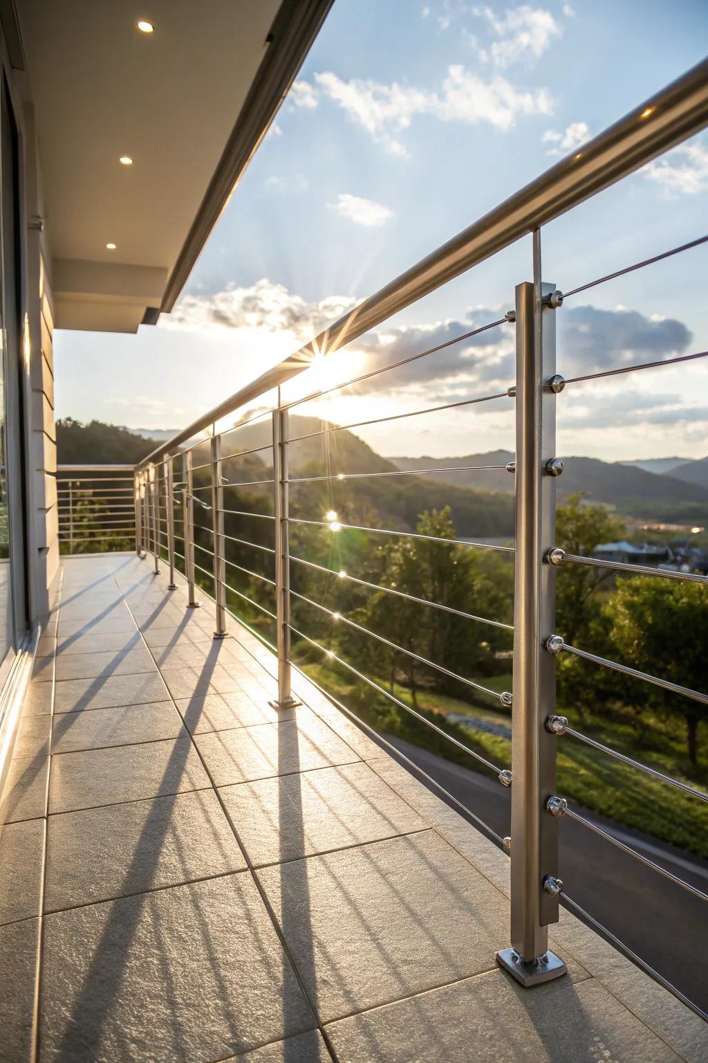 Radiant wire railing sparkling in sunlight