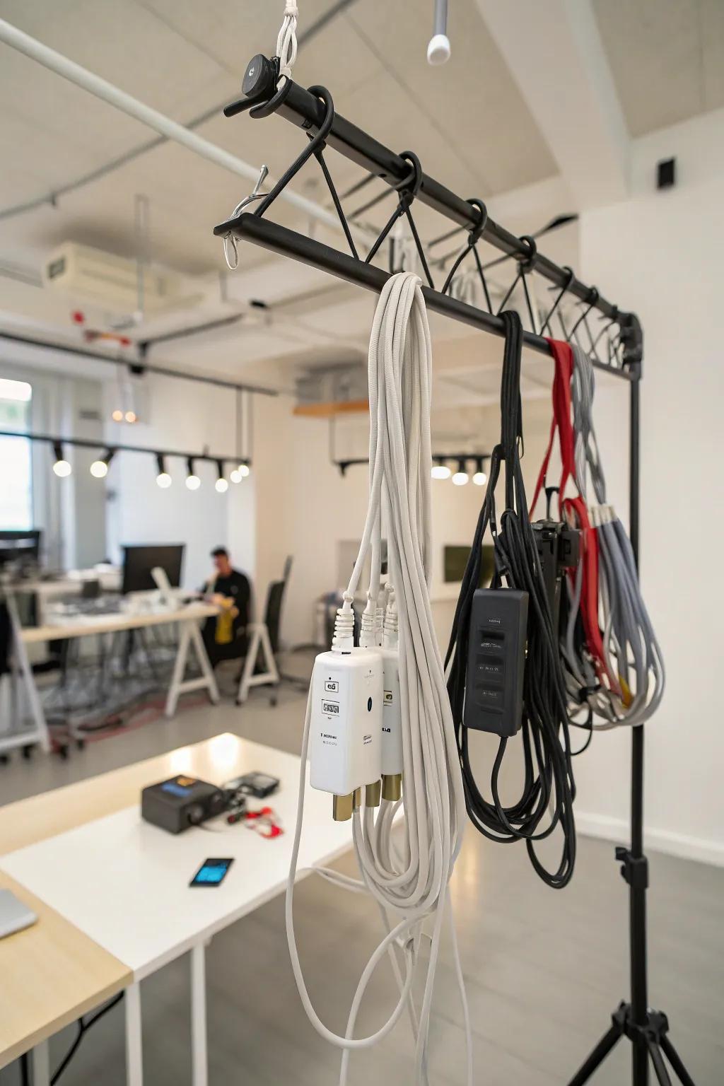 Suspended support repurposed for cable storage.