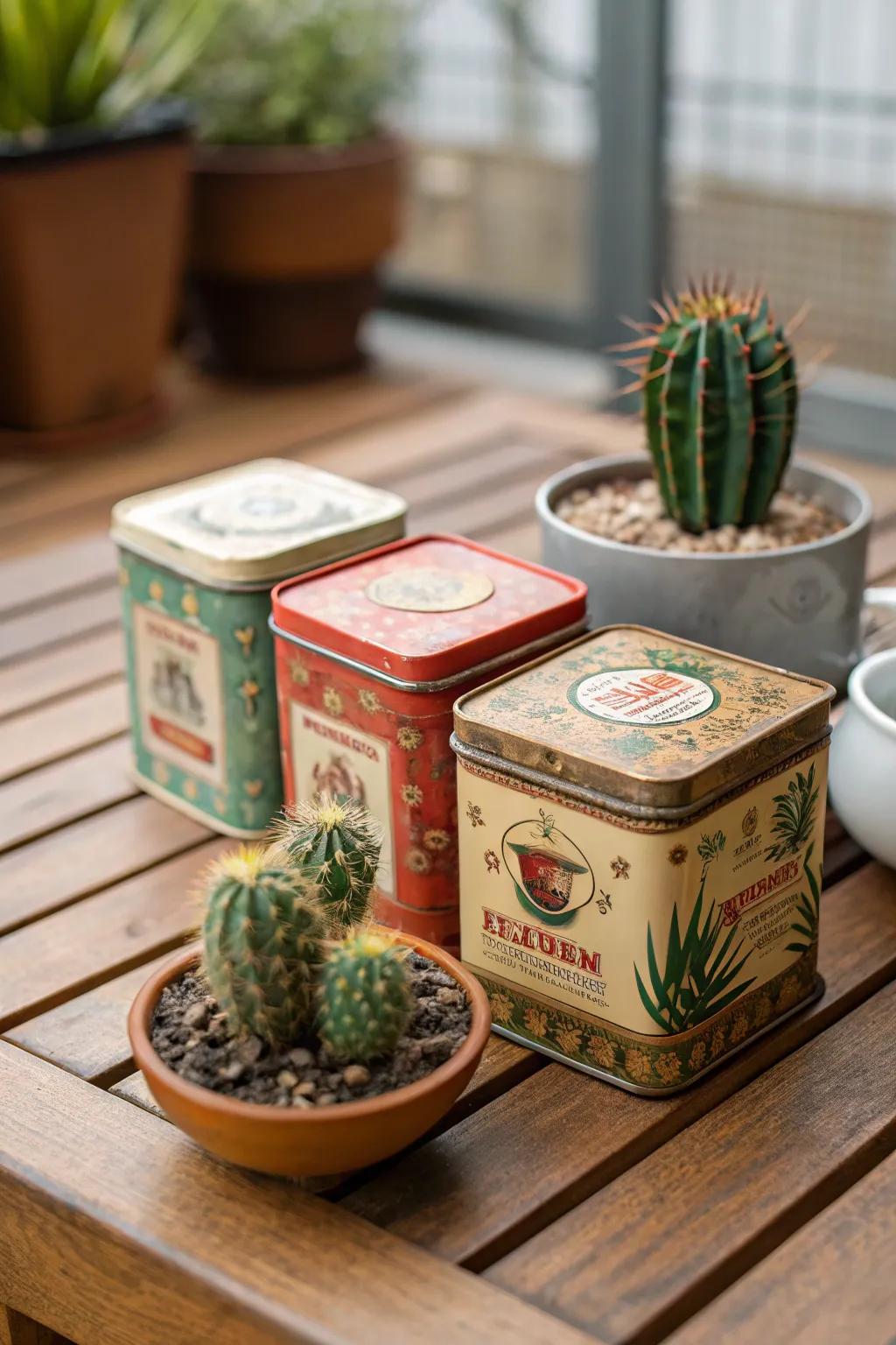Vintage tea canisters repurposed as captivating succulent holders.