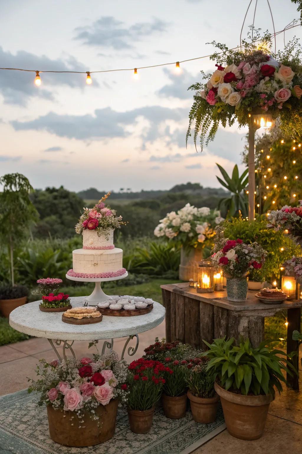 A cake table surrounded by garden elements, creating a whimsical and enchanting atmosphere.