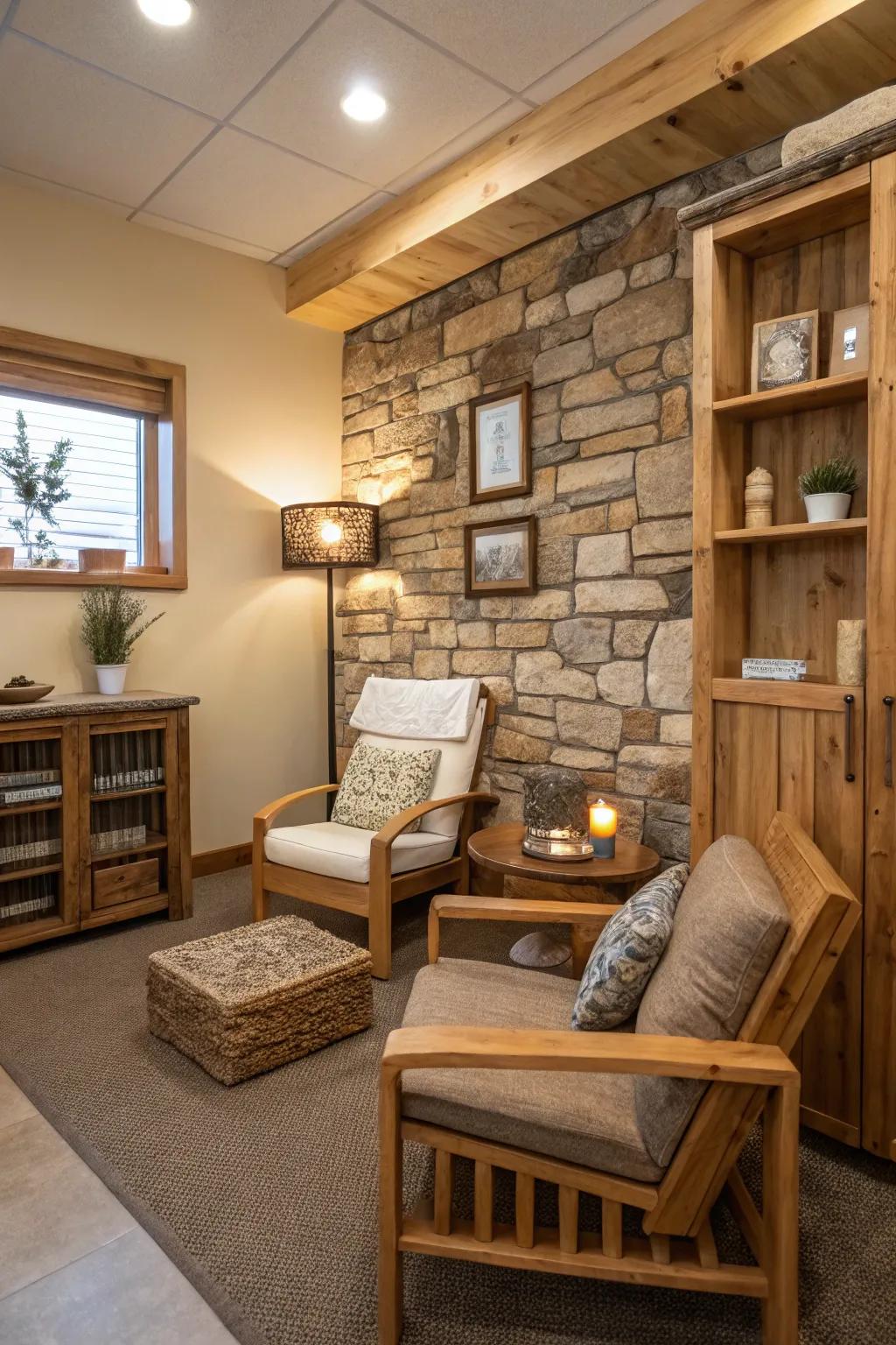 Raw materials create an anchored atmosphere.