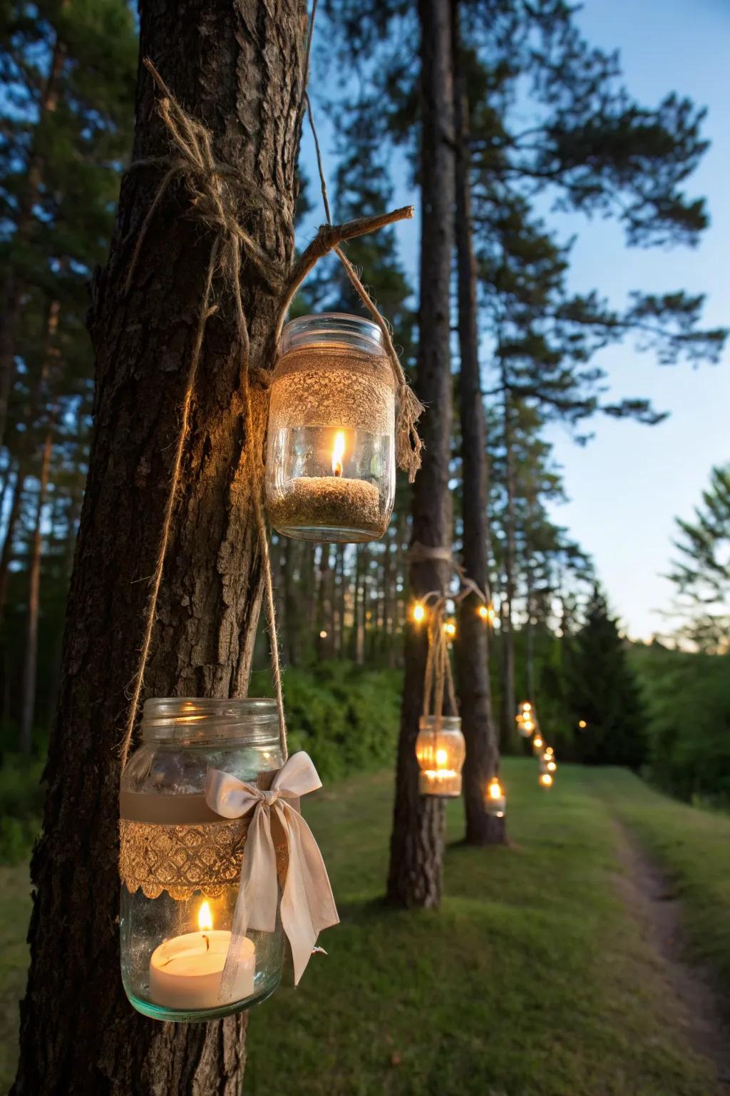 Jar lanterns create a whimsical outdoor ambiance.