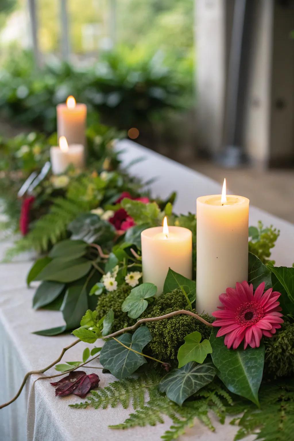 Wax lights nestled within lush greenery for a vibrant setting.