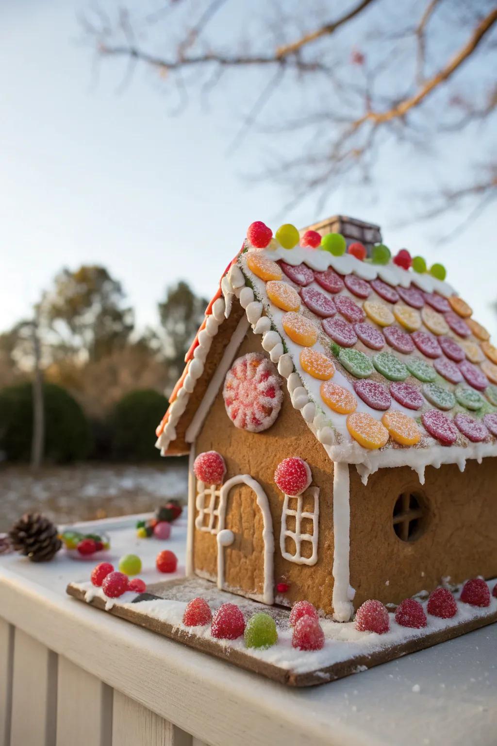 A vibrant roof fashioned from colorful pressed fruit sheet pieces.