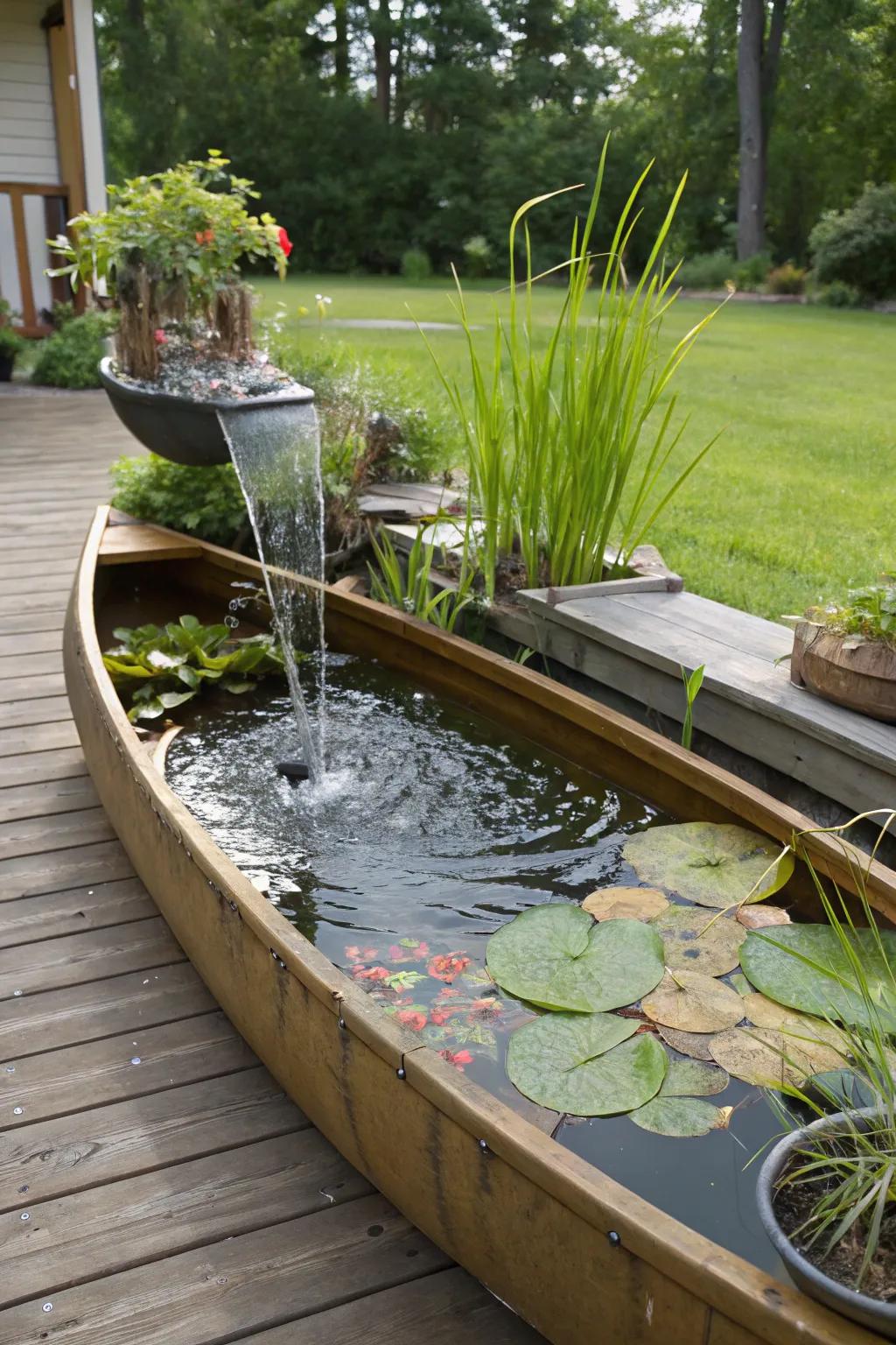 A canoe transformed into a water feature provides a serene garden experience.