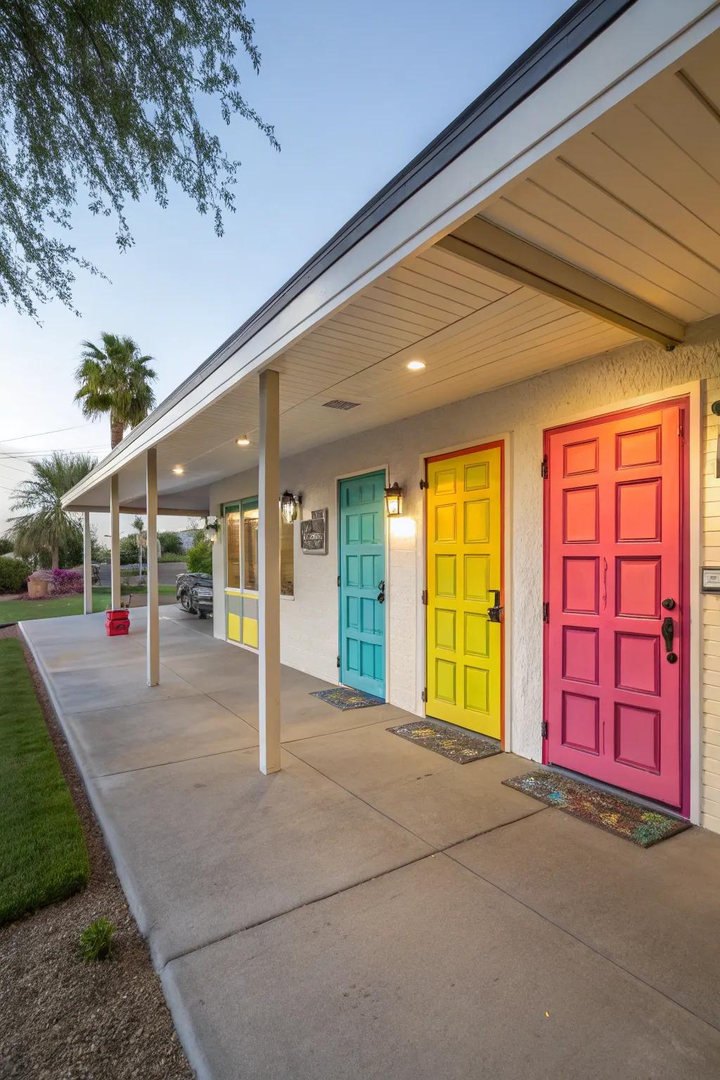 A dynamic carport featuring vibrant entryway highlights, demonstrating customized flair.