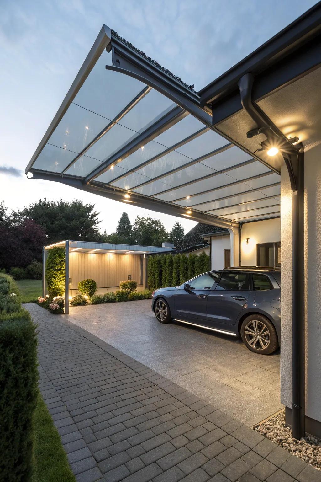 A carport equipped with a retractable roof, providing versatility and contemporary ease.