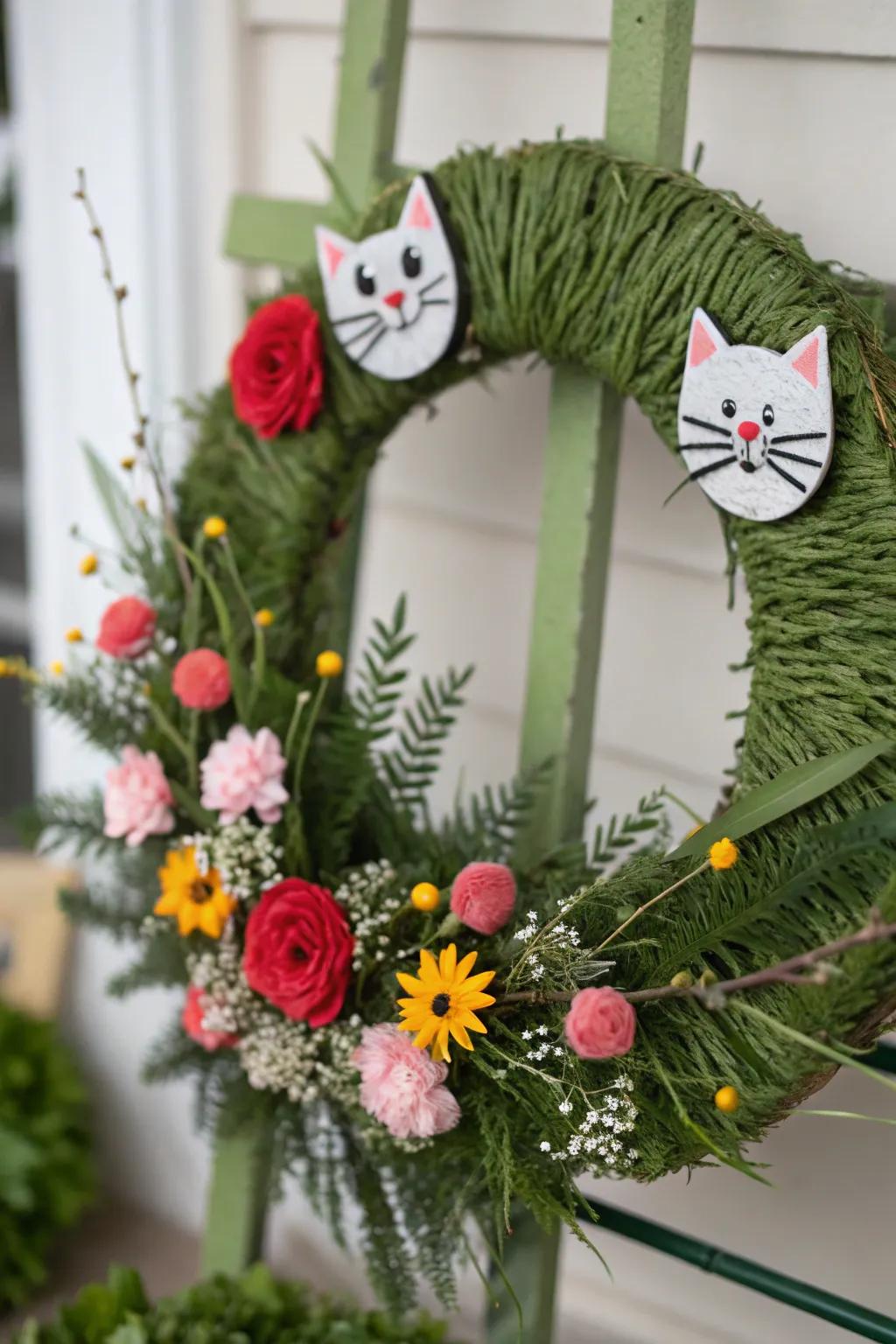 A whimsical wire cleaner cat wreath that sparks inventiveness.