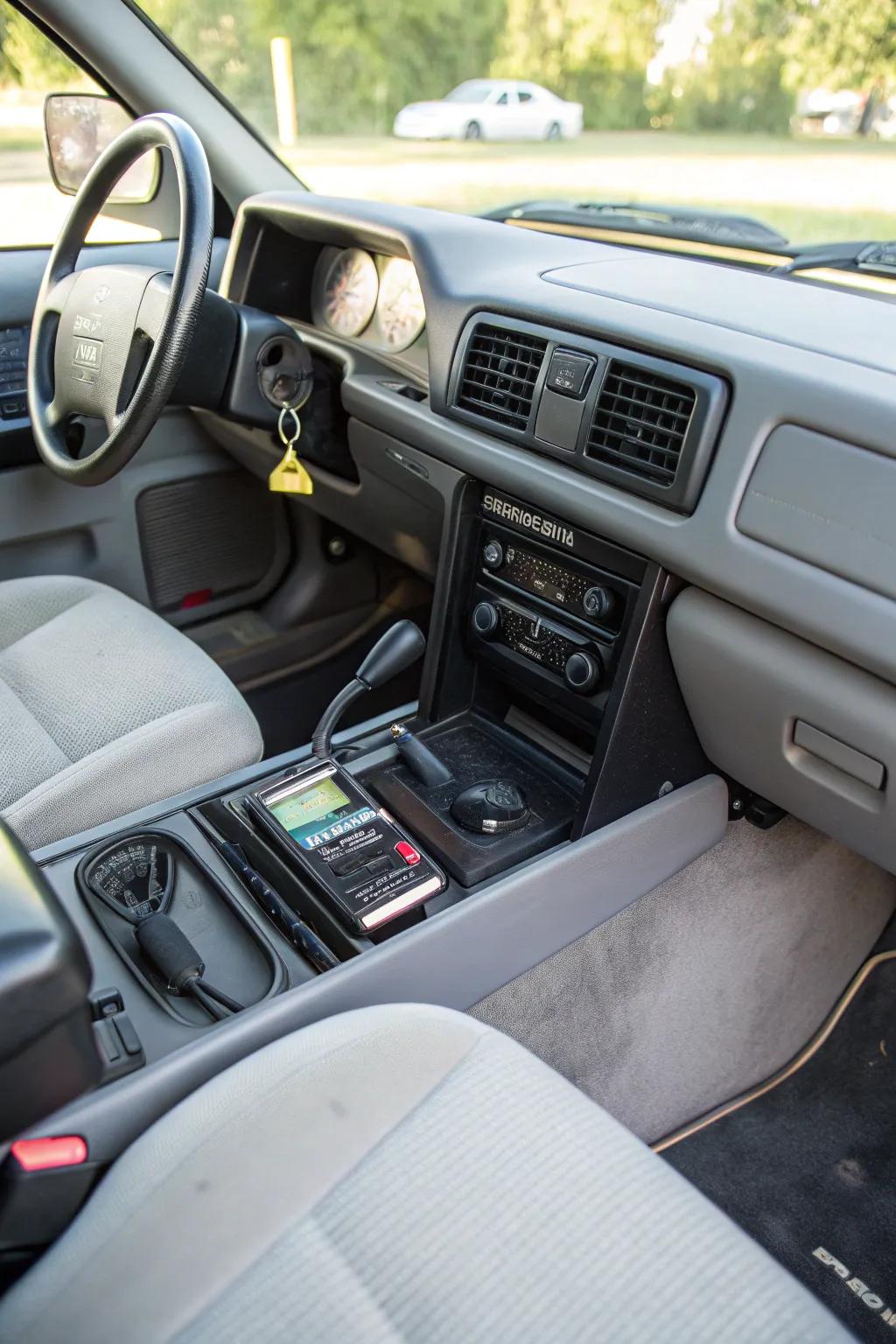 A hidden glove compartment setup for a tidy look.