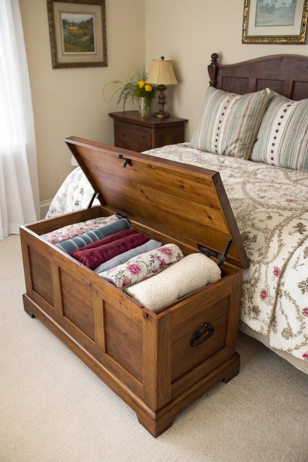 A storage trunk offers stylish extra seating in any room.