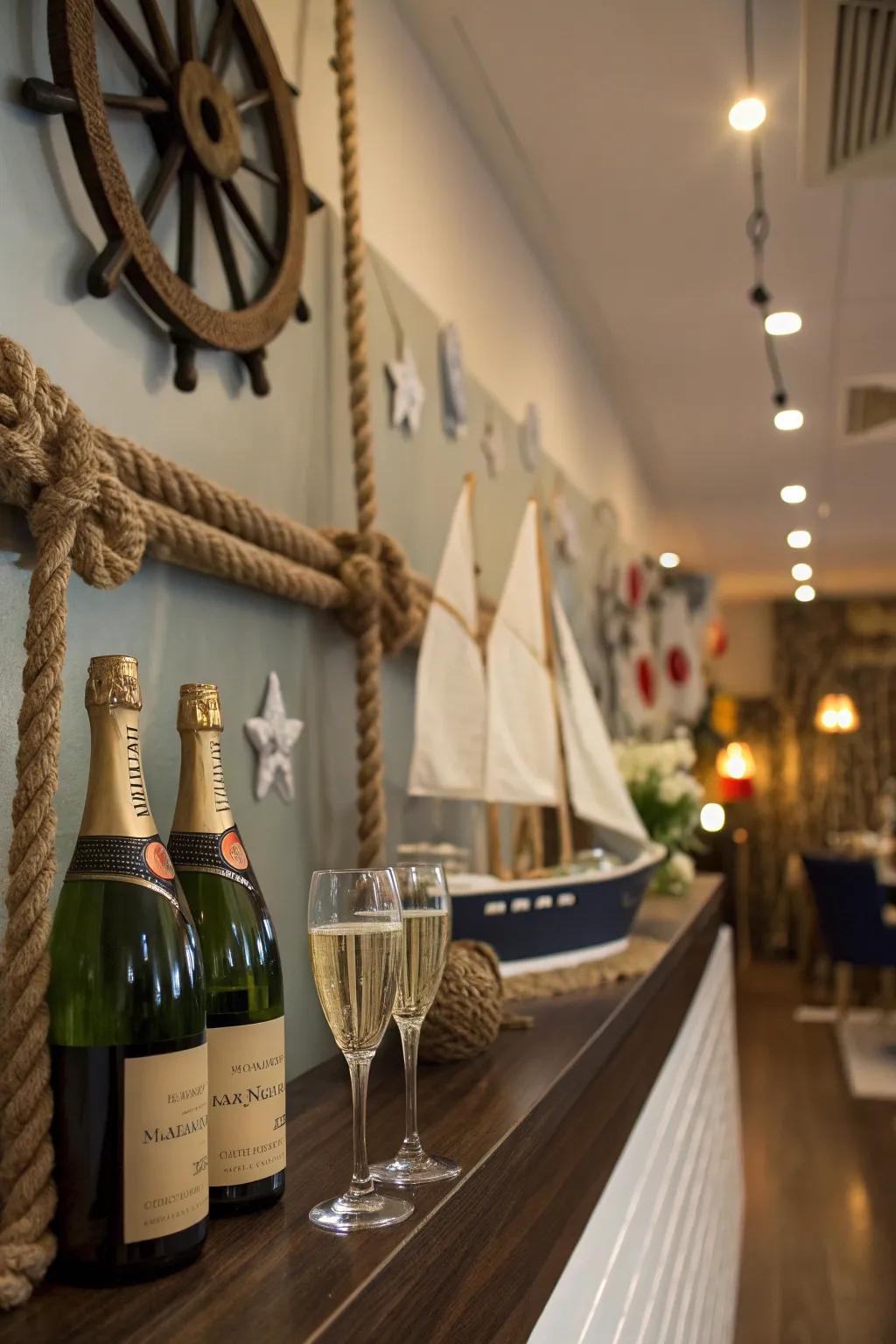 Themed decor elements enhance this sparkling wine showcase.
