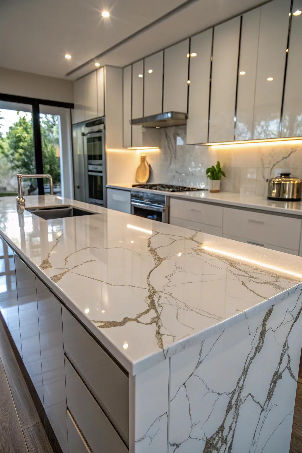 A stylish kitchen features glossy epoxy coated countertops.