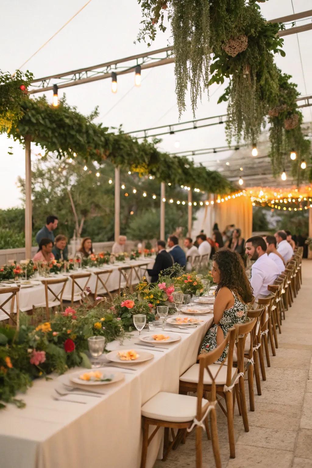 Greenery garlands elegantly decorate long wedding tables.
