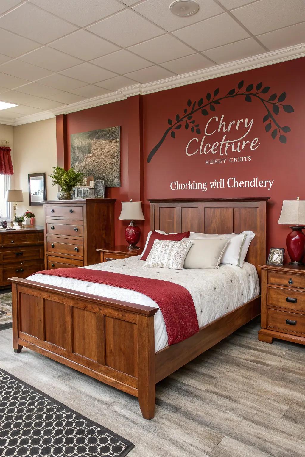 A statement wall adding drama to a cherry wood bedroom.