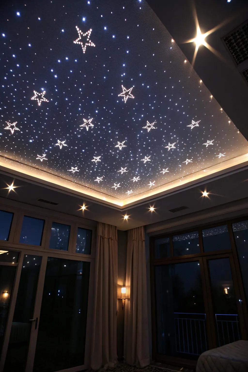 Night sky effects creating a mesmerizing ceiling ambiance.