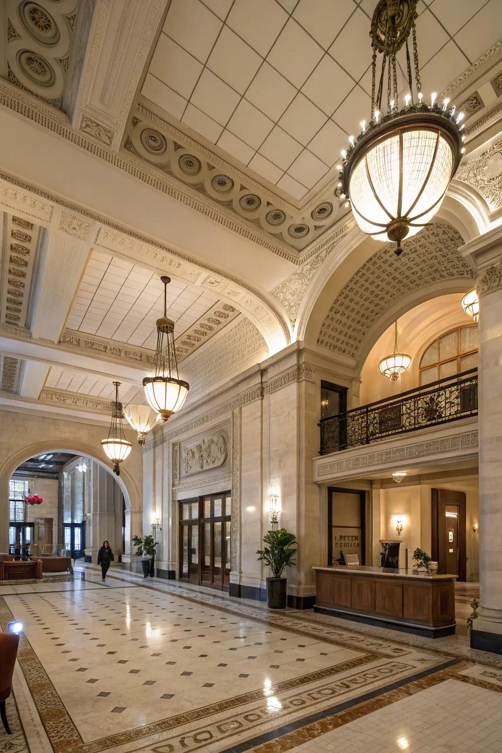 Strategic lighting highlighting the lobby's architectural features.