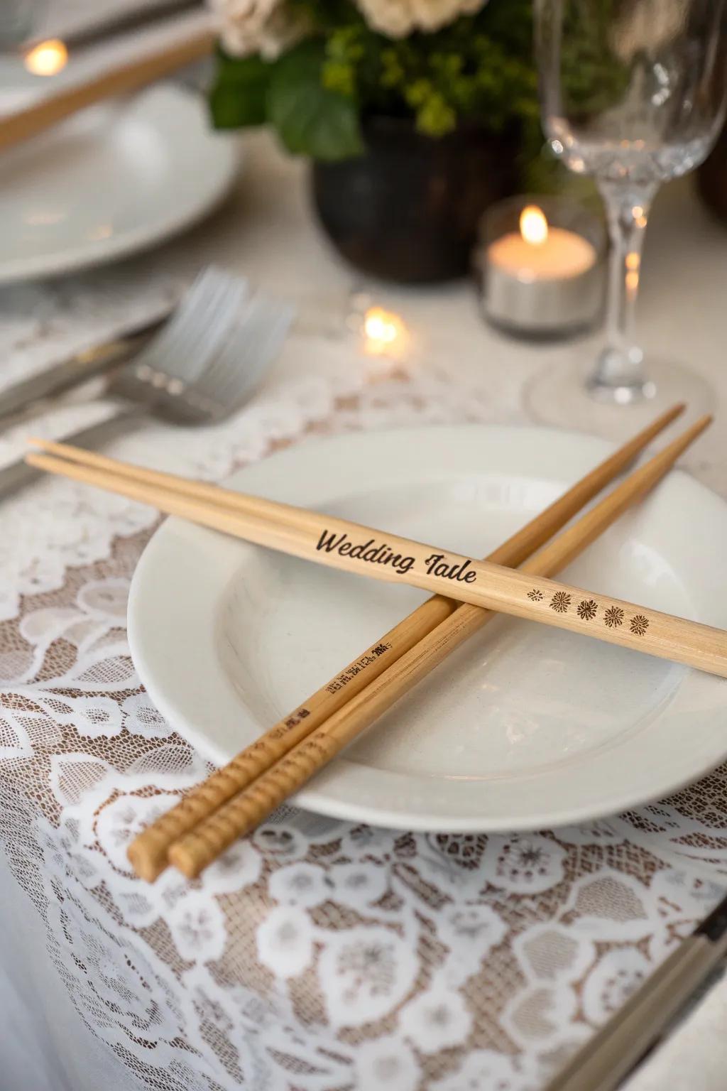 A unique touch to the table setting with personalized eating sticks.