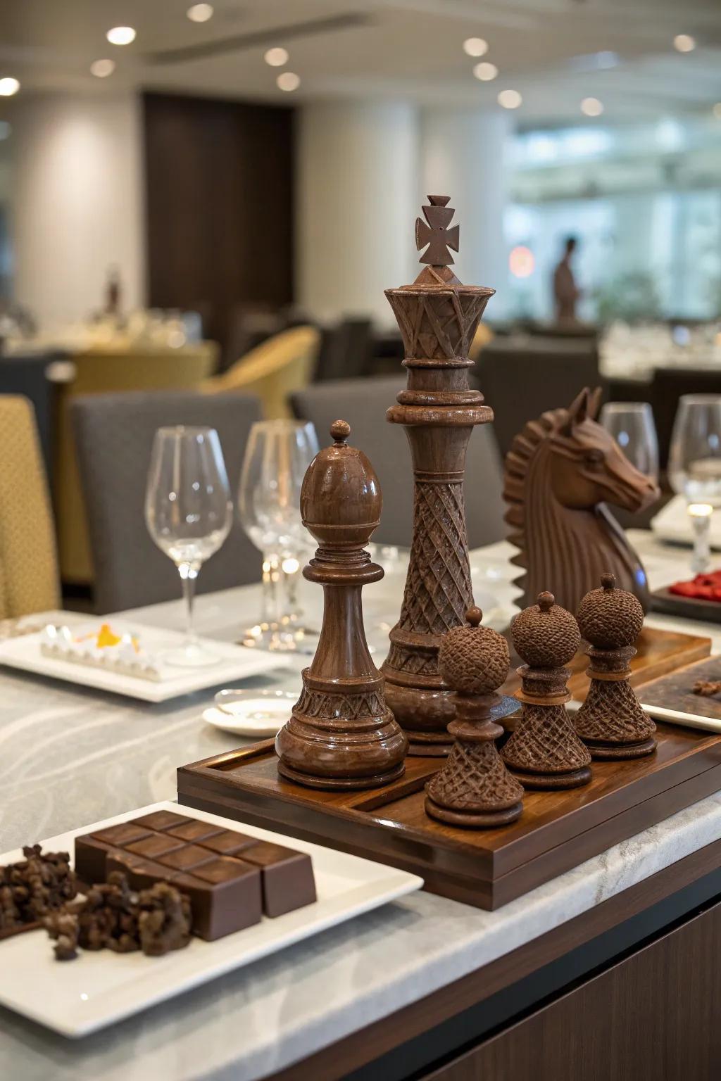 Impressive chocolate artworks serving as both visual art and dessert.
