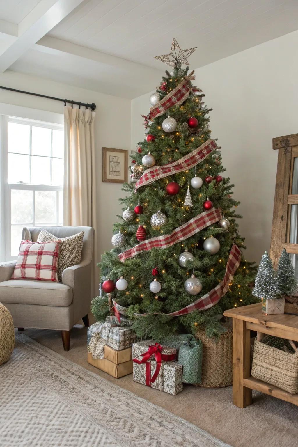 A farmhouse chic Christmas ball tree with rustic and stylish elements.