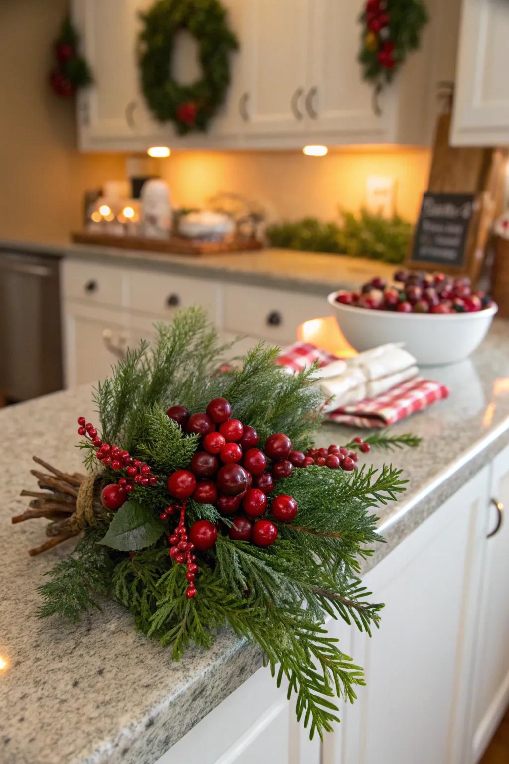 A unique Christmas corsage with cranberries and greenery.
