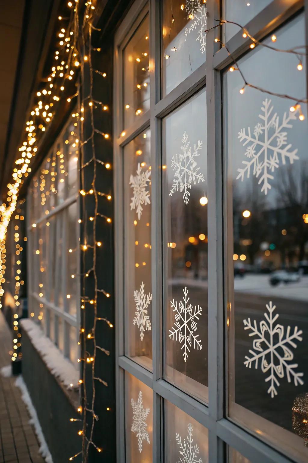 Panes transformed into a winter wonderland with crystalized stickers and lights.