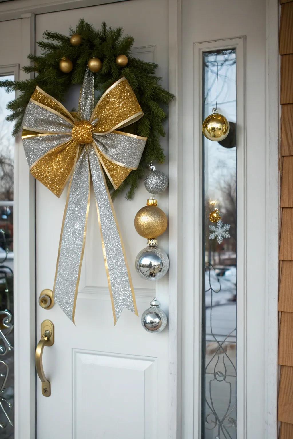 Glam up your entrance using a gilded and silver bow.