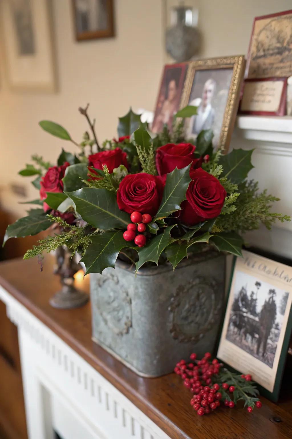 Vintage tins add nostalgic charm to festive arrangements.