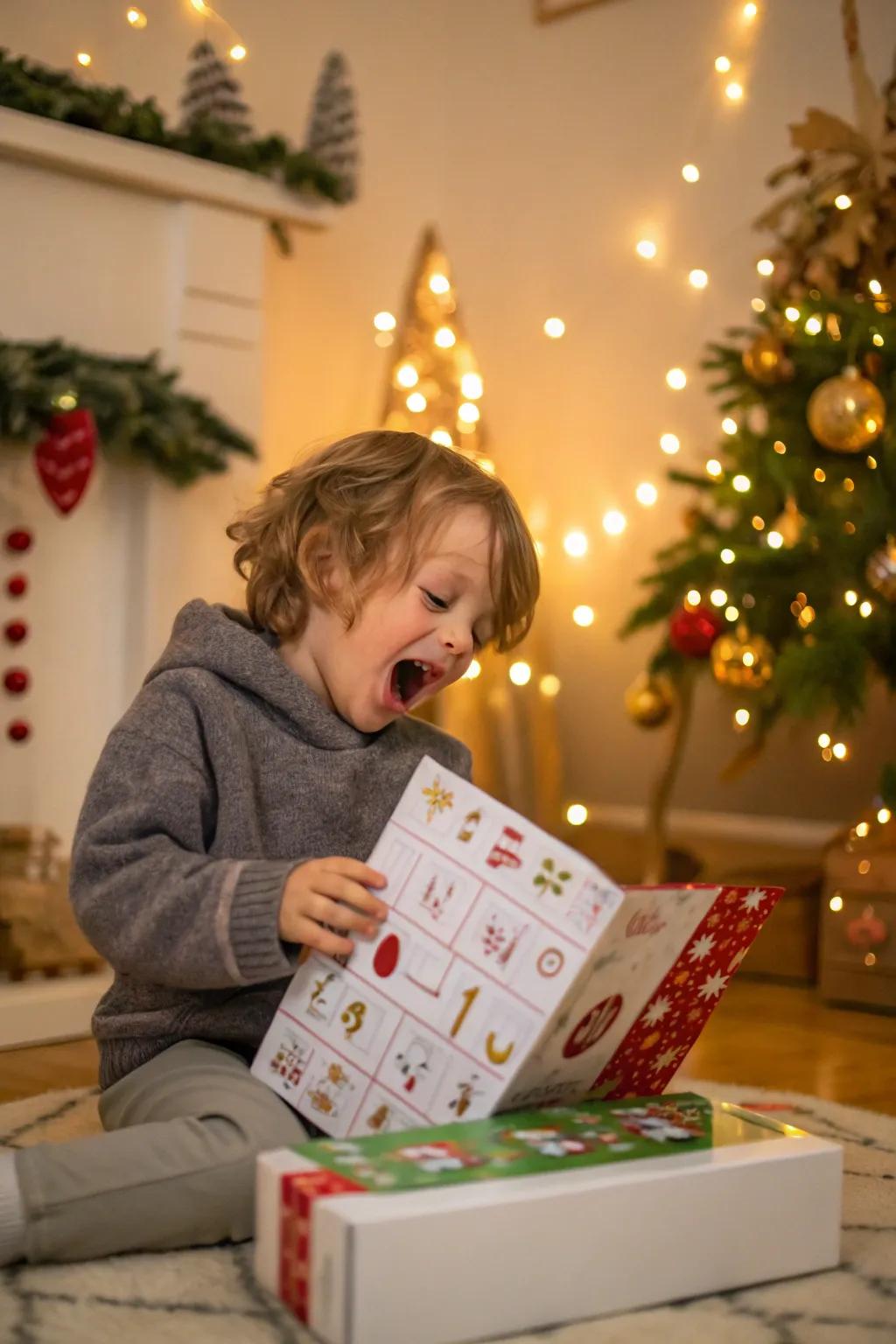 The happiness of anticipation shown as a child opens an advent calendar in a festive setting.