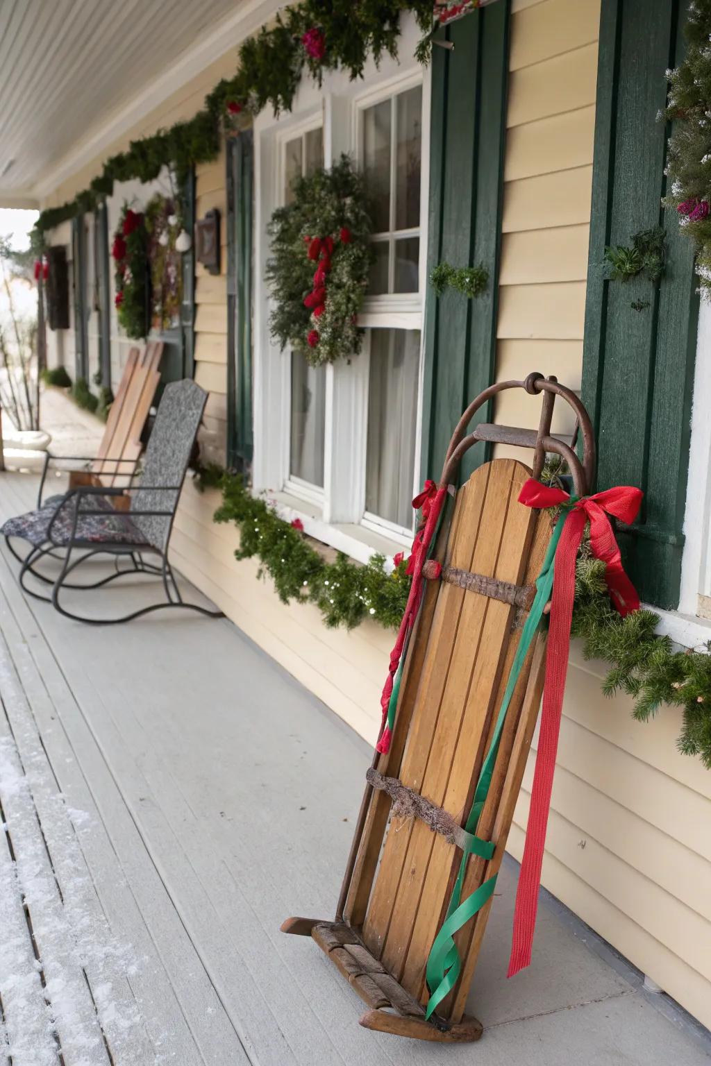 An antique toboggan adds nostalgic charm to the porch decor.