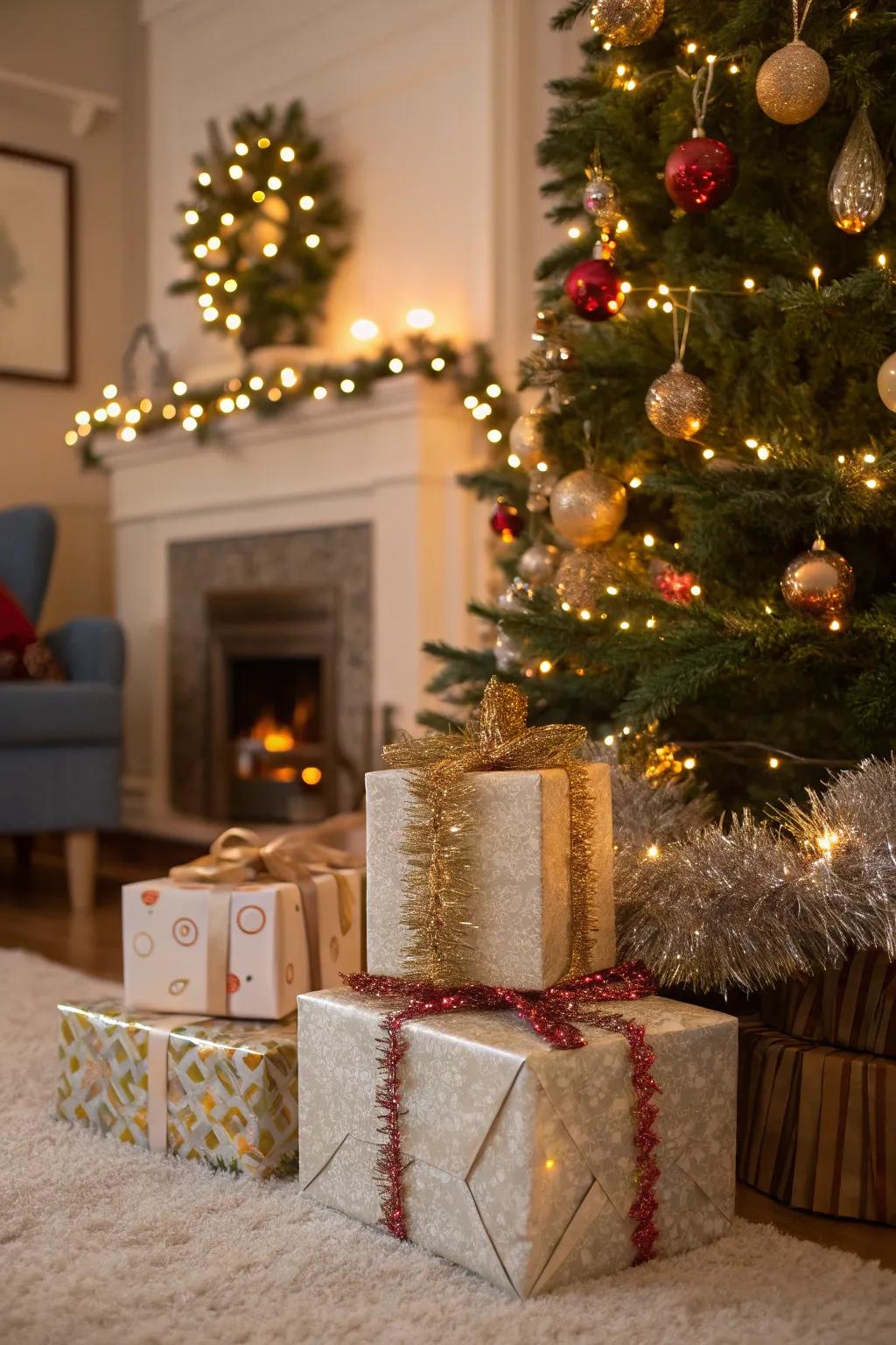 Presents wrapped with sparkle strand accents contribute an added touch of celebratory sophistication.