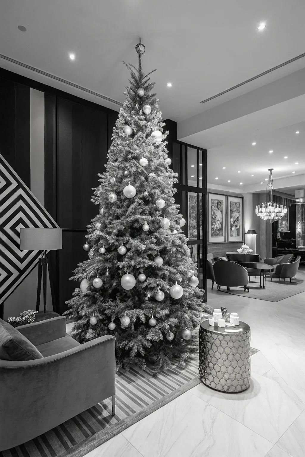 A black and white theme injects modern refinement into your Christmas tree.