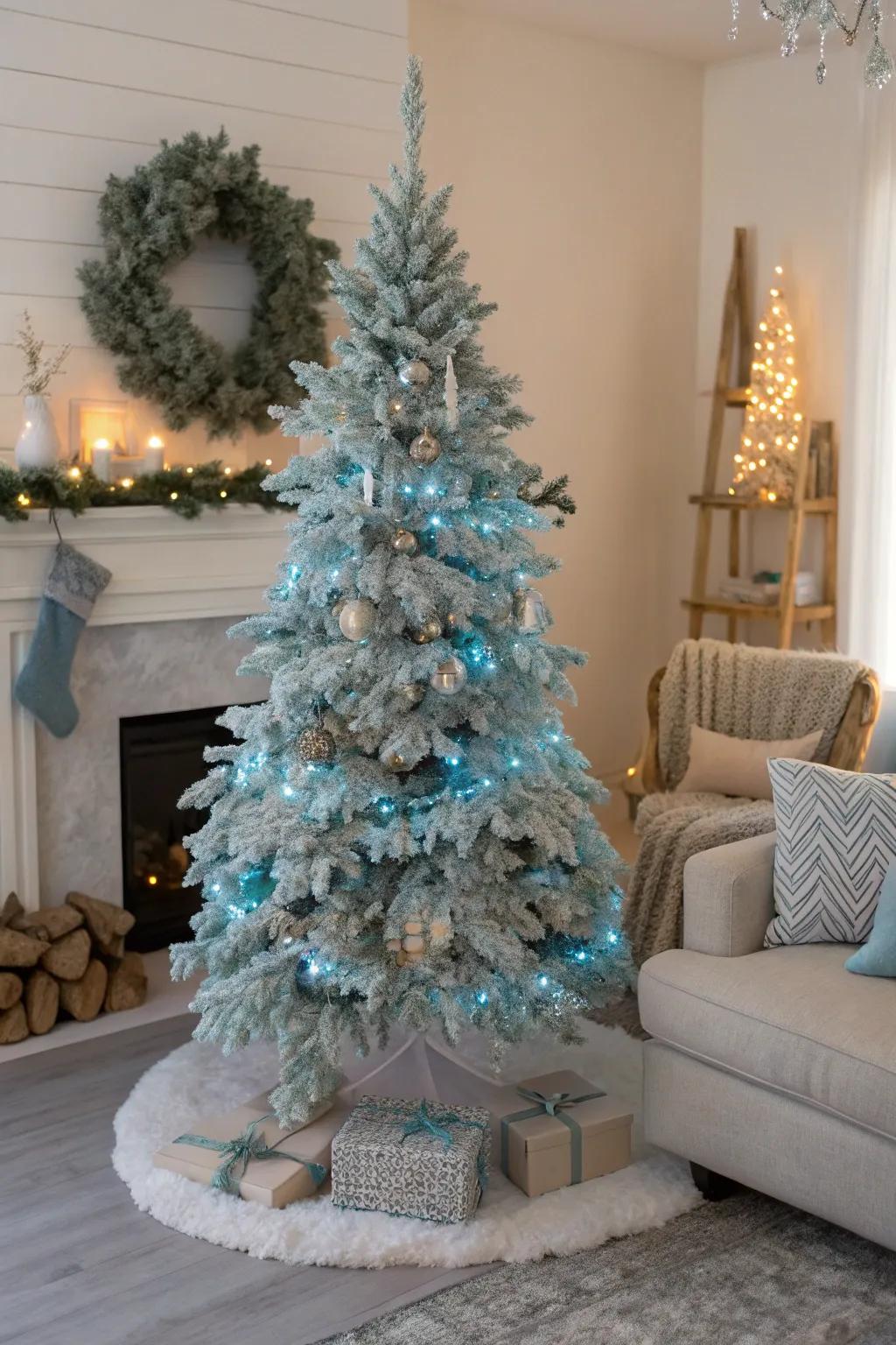 A serene Christmas tree showcasing iced branches and frosty blue lights, crafting a magical winter wonderland indoors.