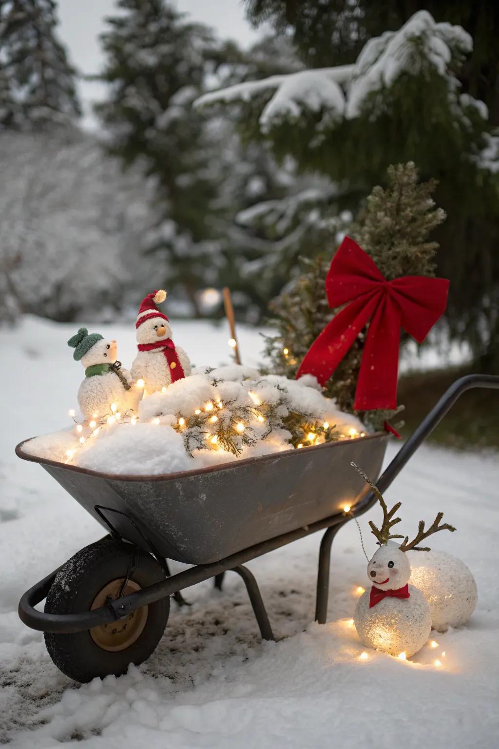 A snow-covered wheelbarrow capturing the magic of winter.