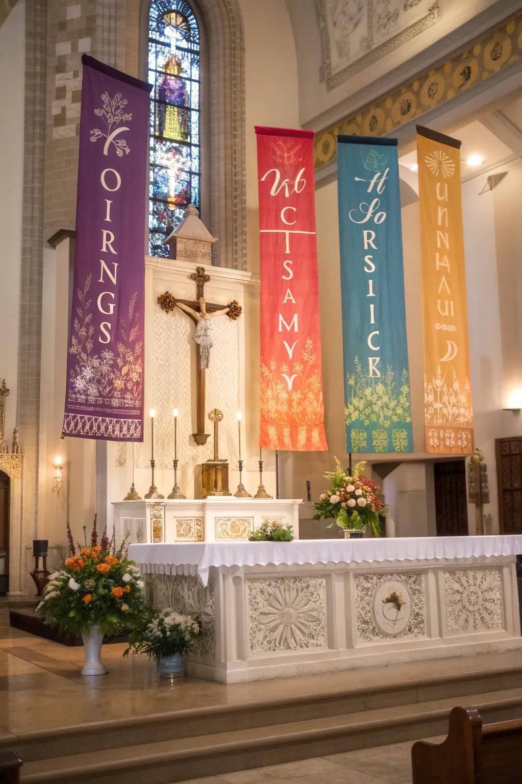 A place of worship adorned with personalized banners displaying meaningful scriptures.