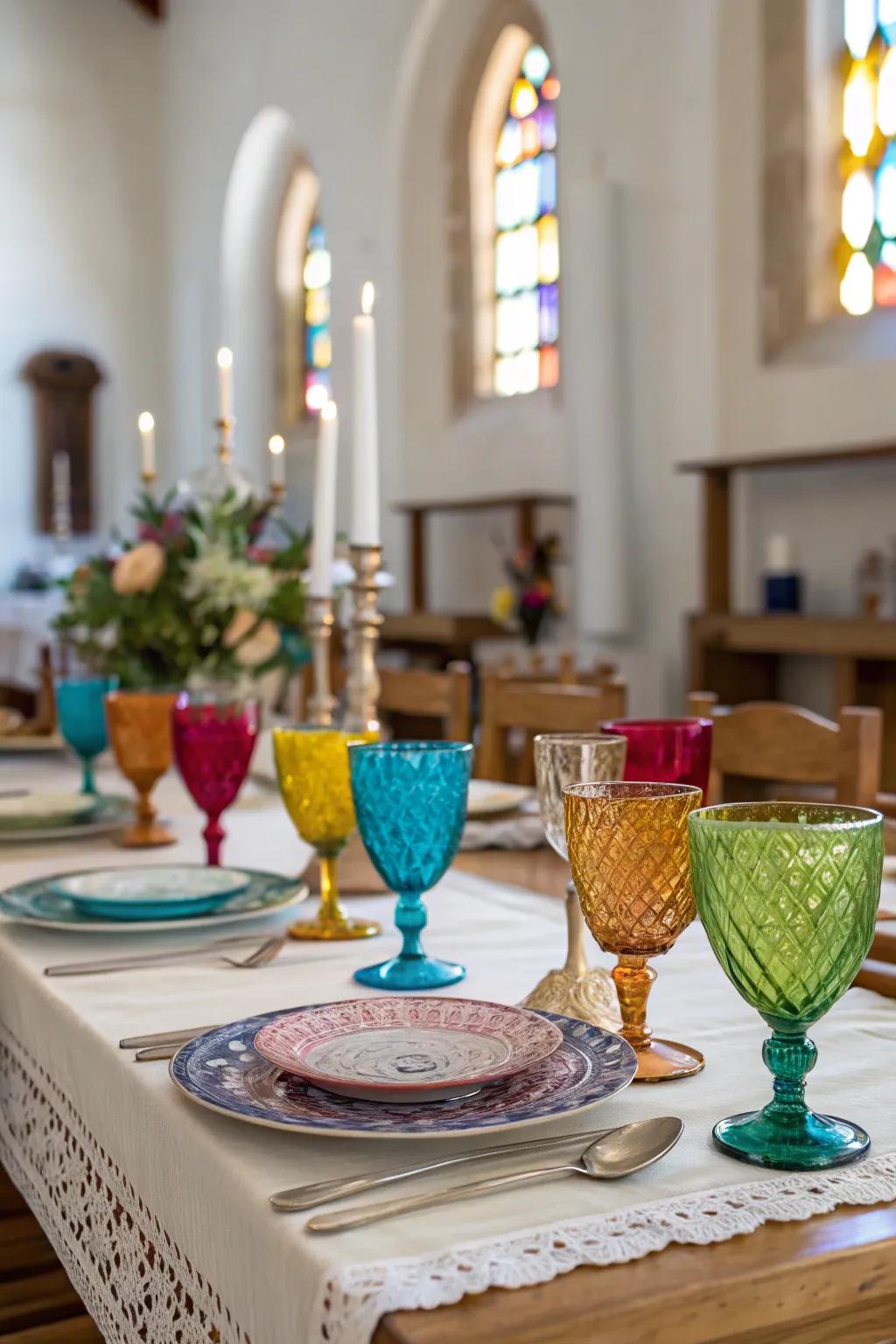 Colorful glassware introduces a lively and elegant touch to the table.