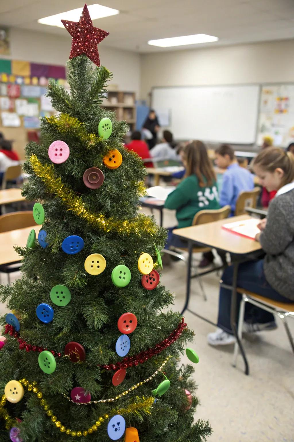 A button bauble Christmas tree with vibrant decors