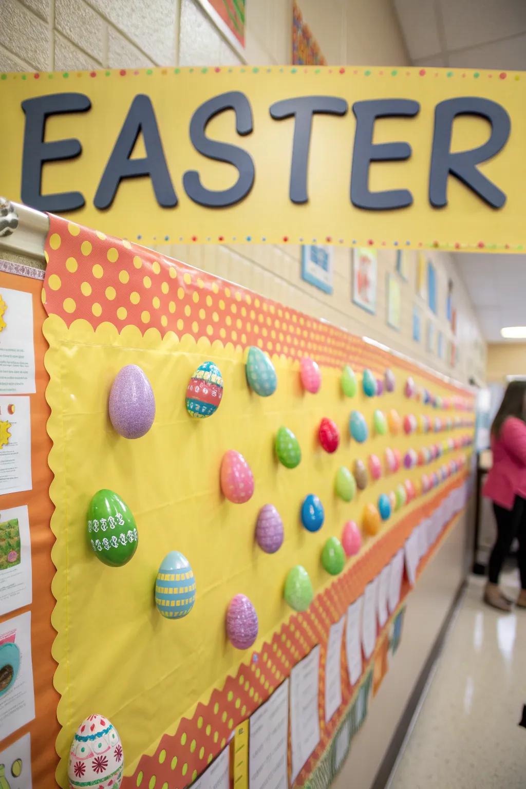 An educational bulletin board featuring a term wall that uses Easter vocabulary.