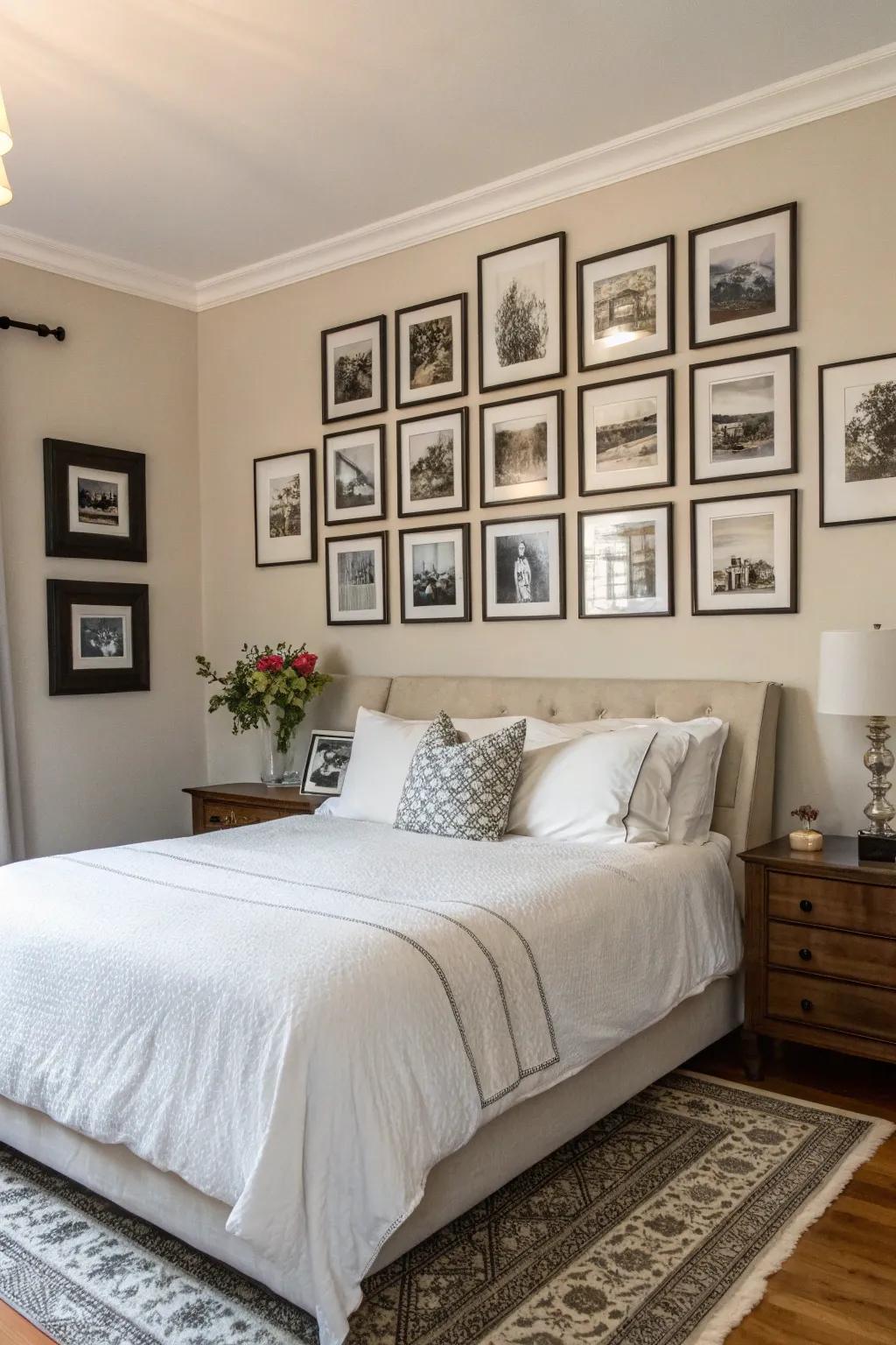 A gallery wall of black and white photography contributes personal charm.