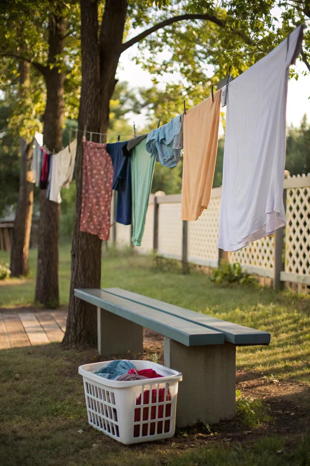 Practical and handy: a clothesline with a built-in seat.