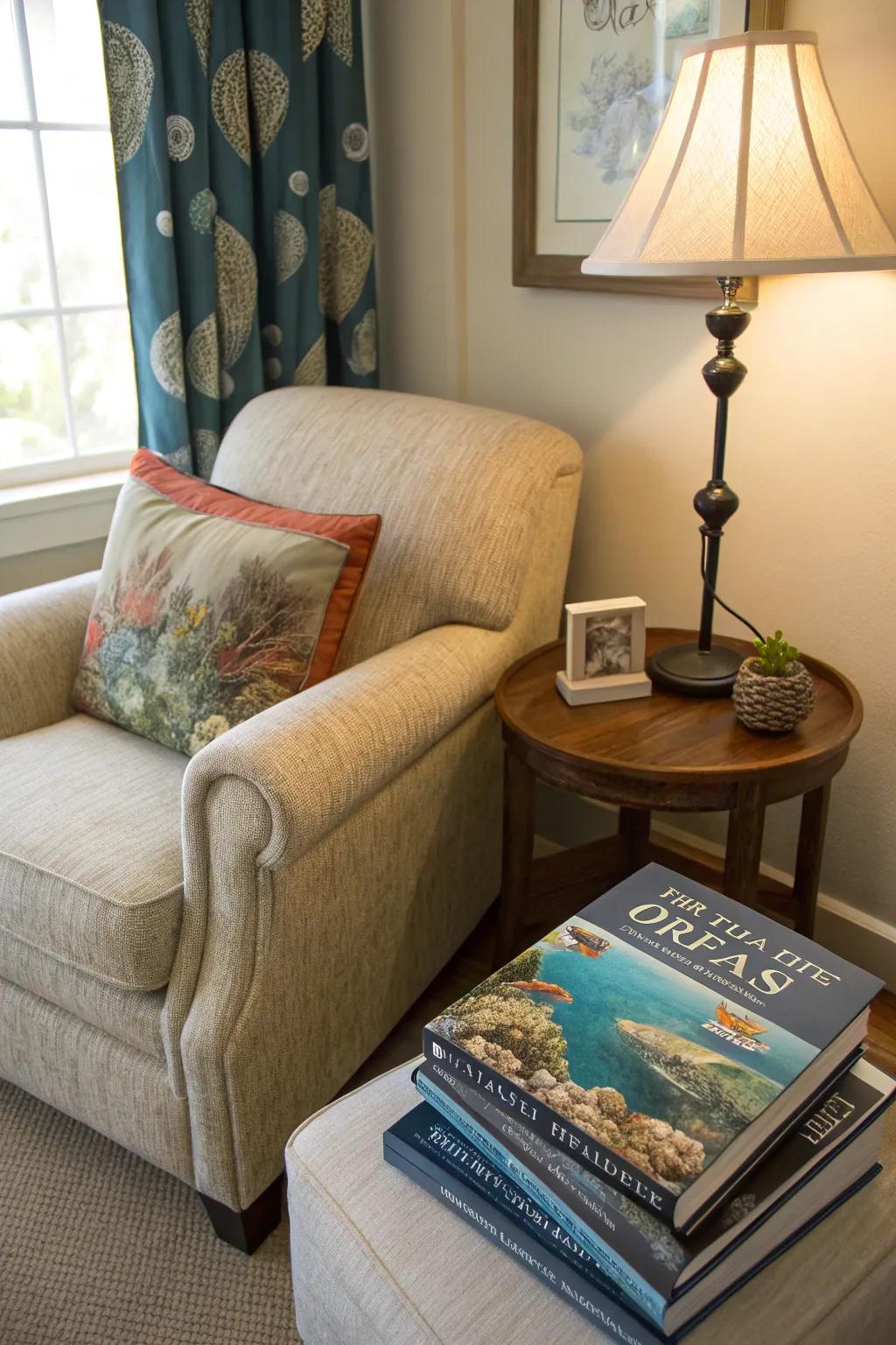 A coastal reading spot ideal for relaxation.
