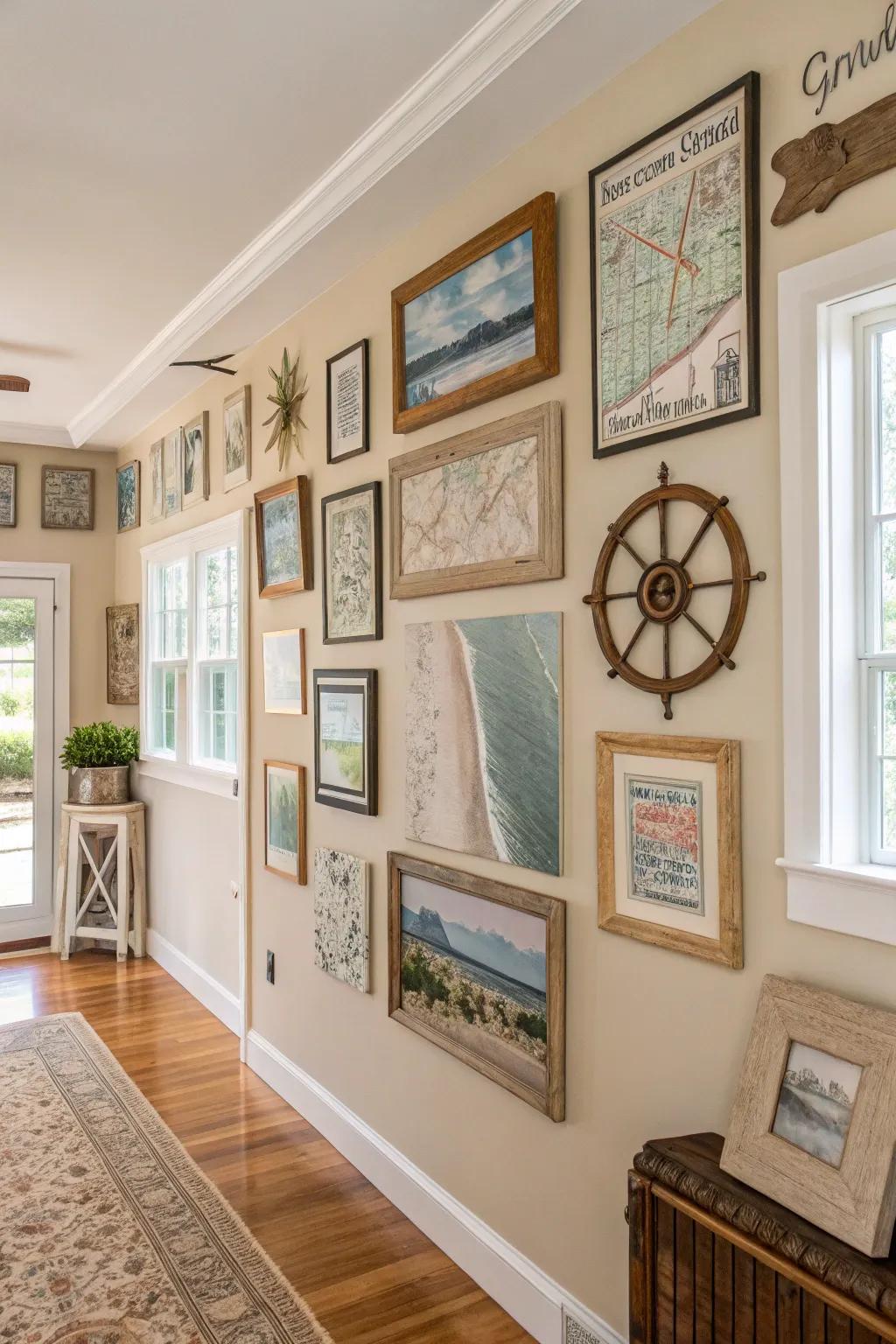 Varied art pieces personalize and enrich seaside farmhouse spaces.