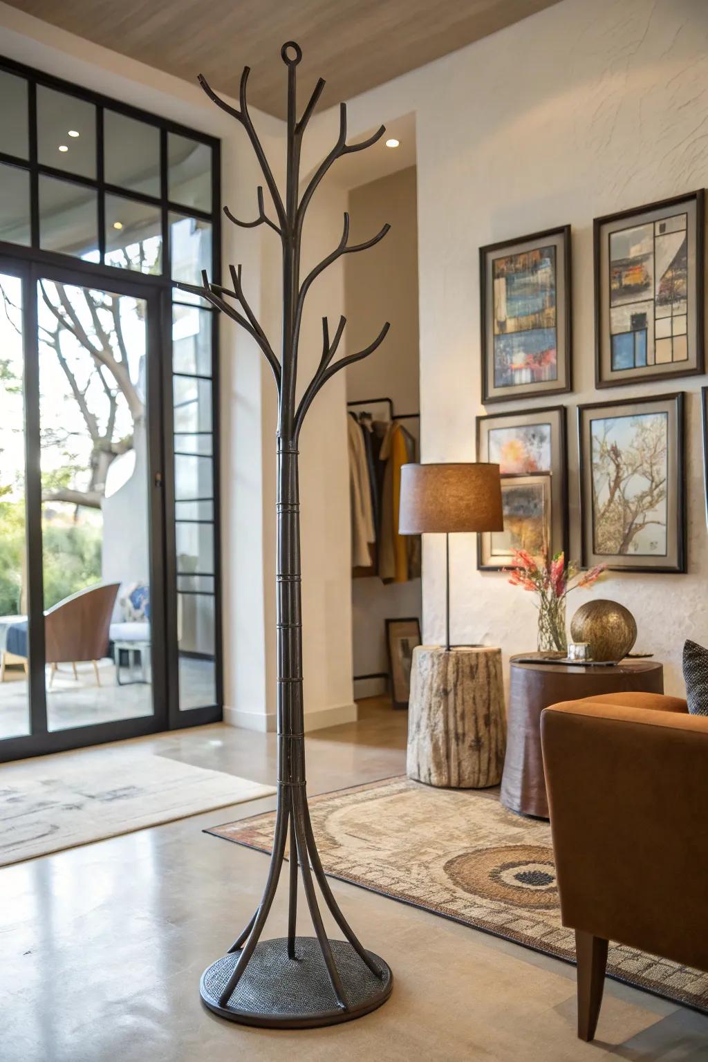 A metal arboreal limb garment support, doubling as an artistic sculpture in the abode.