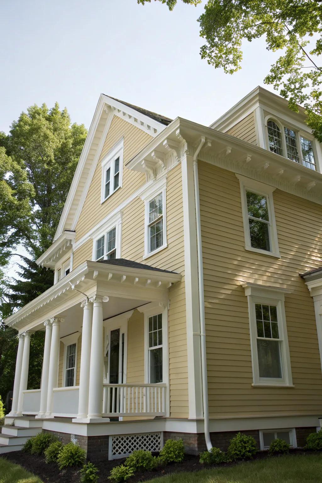 A colonial house showcasing sharp contrast with its khaki base and white trim.