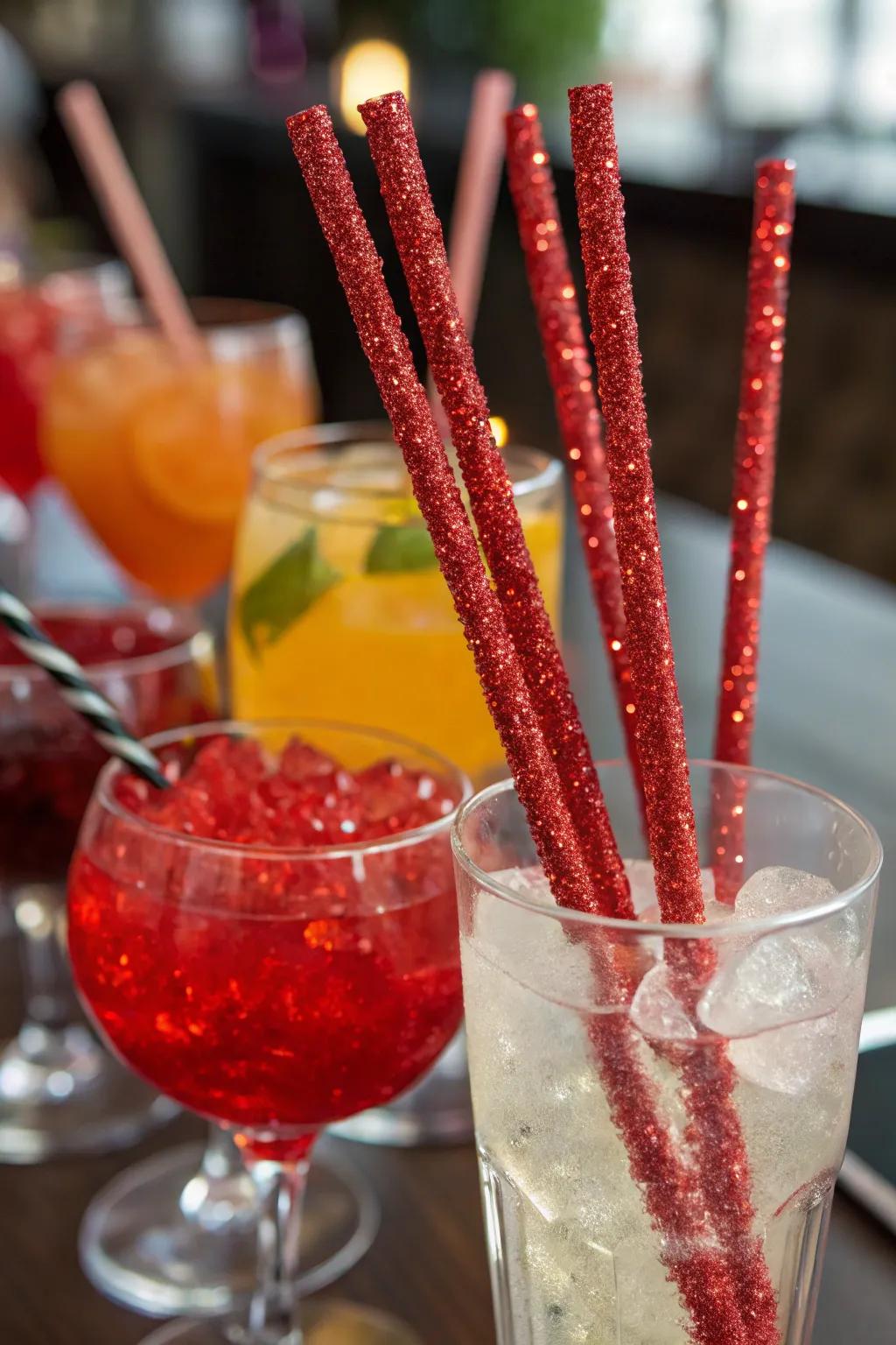 Sparkling scarlet glimmer drink sticks adding fun to beverages.