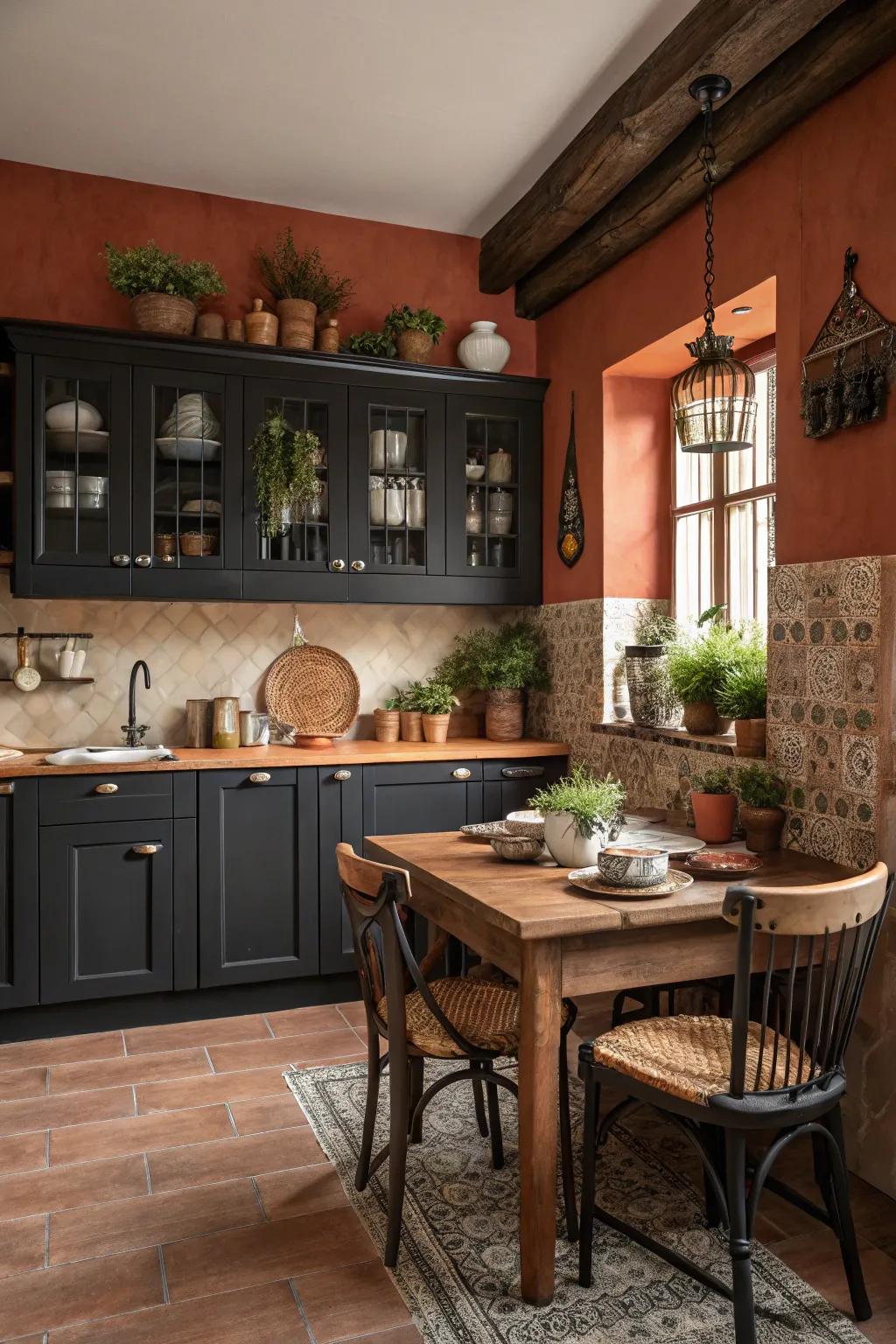 Dark cabinets paired with terracotta walls for a warm and inviting kitchen ambiance.
