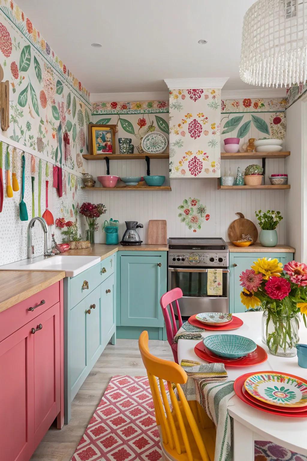 Bold wall covering turns kitchen surfaces into a canvas of art.